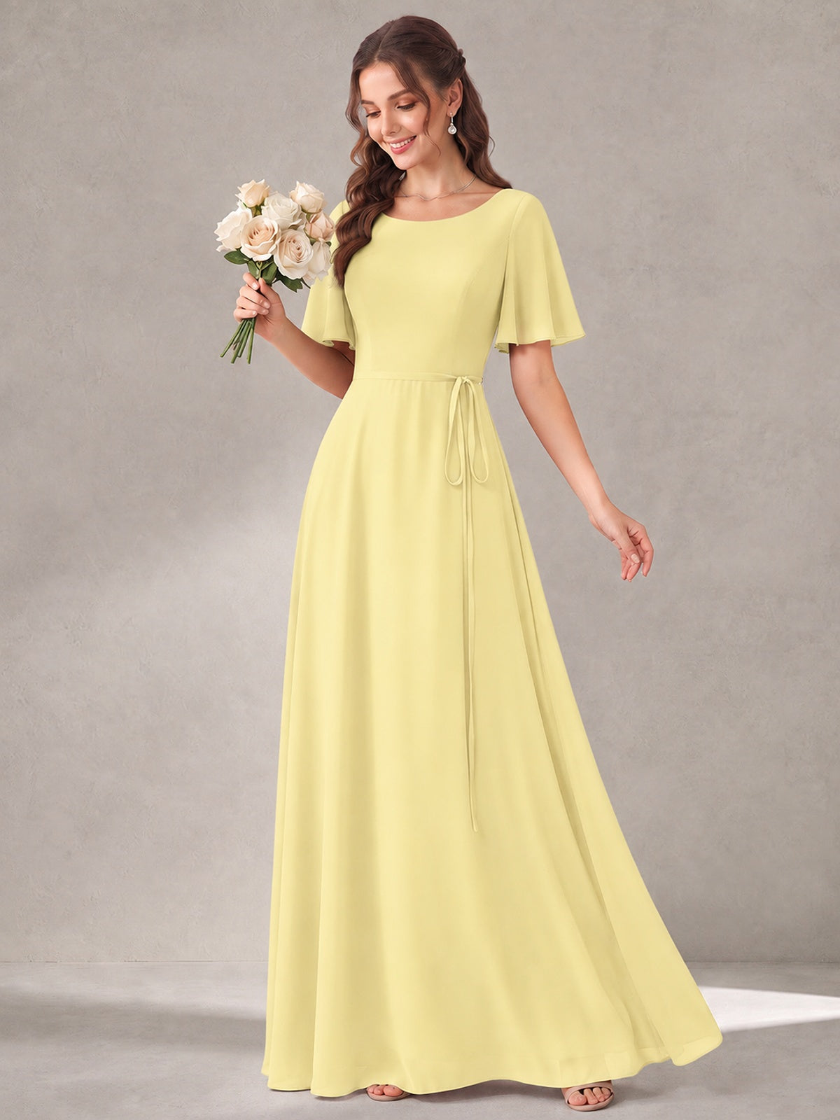 Scoop Neck A-line Chiffon Bridesmaid Dress with Flutter Sleeve & Belt