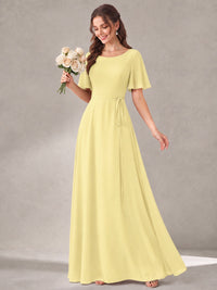 Scoop Neck A-line Chiffon Bridesmaid Dress with Flutter Sleeve & Belt