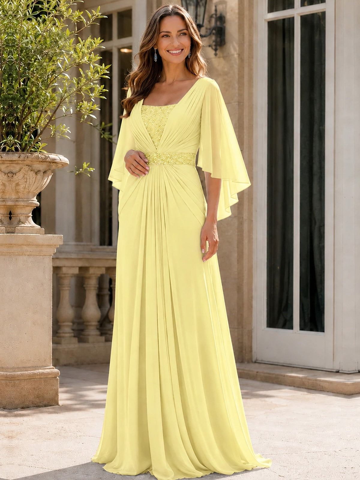 Elegant V-Neck Sequined Chiffon Mother of the Bride Dress with Flutter Sleeves