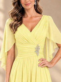 Ruched V Neck Mother of The Bride Dresses with Shawls Appliques and Cap Sleeves