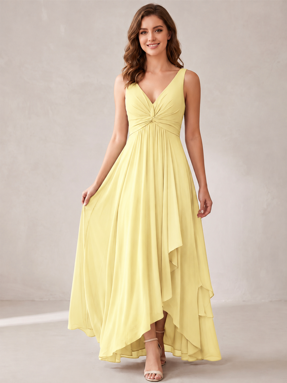 V-Neck High-Low Chiffon Bridesmaid Dress with Ruffles