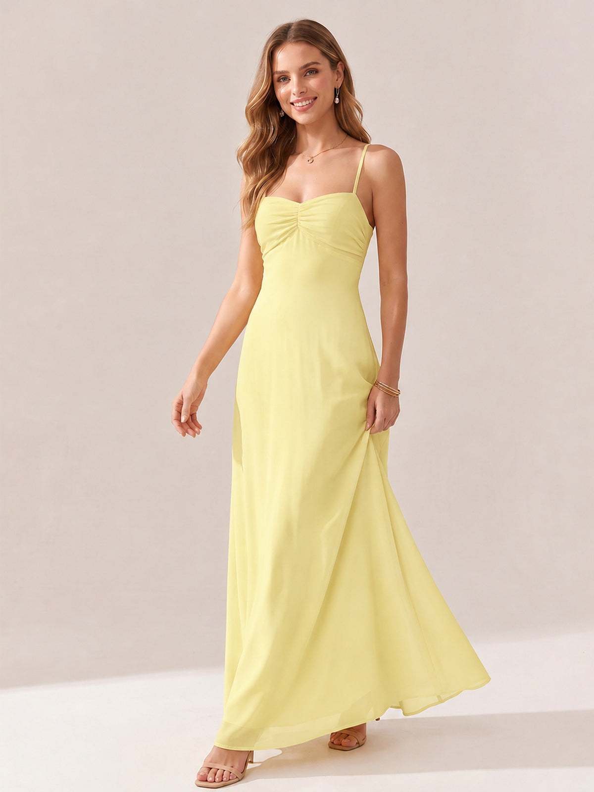 JOVELLEE Yellow Sweetheart Ruched Bust Chiffon Maxi Dress