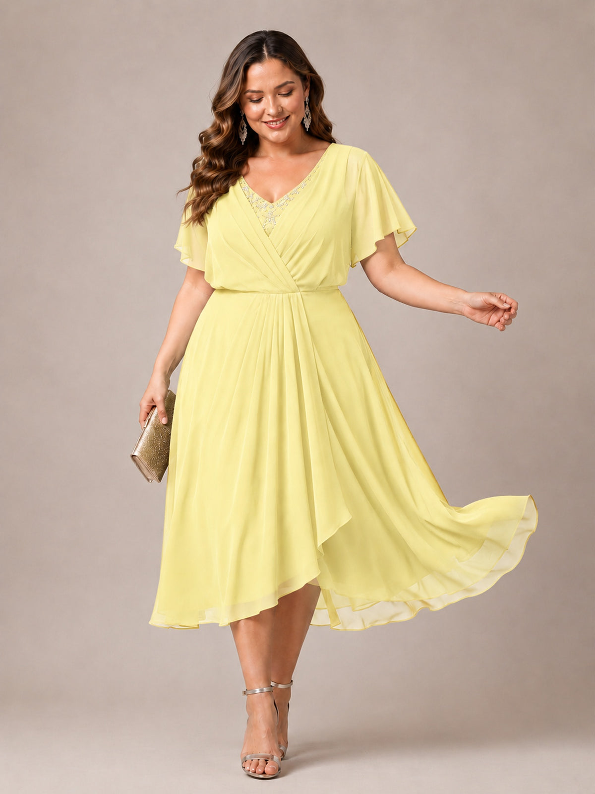 Navy Blue A-Line V-Neck Tea-Length Mother of the Bride Dress