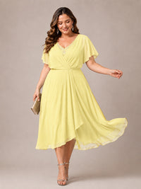 Navy Blue A-Line V-Neck Tea-Length Mother of the Bride Dress