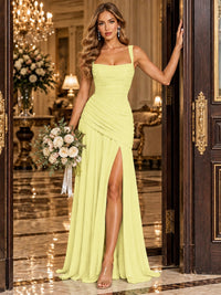 Wrap Pleated Prom Dress Scoop Neck with Slit Women Wedding Formal Dress