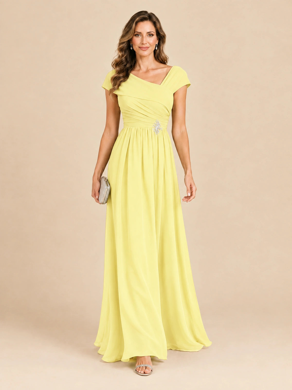 Cap Sleeve Mother of The Bride Dresses Long Chiffon Formal Gowns