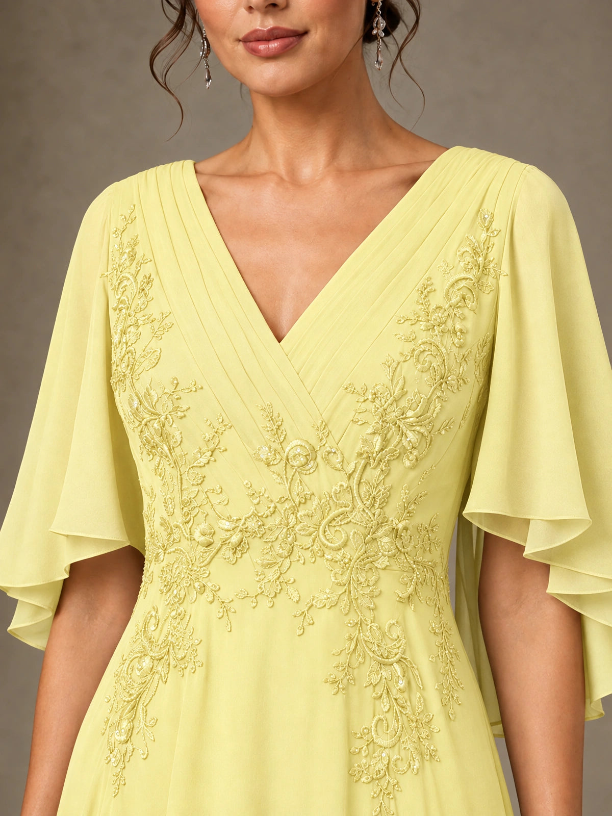 V-Neck Chiffon Lace Mother of the Bride Dress with Flutter Sleeves
