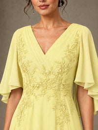 V-Neck Chiffon Lace Mother of the Bride Dress with Flutter Sleeves