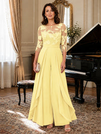 Lace Applique Wide-Leg Chiffon Mother of the Bride Jumpsuit