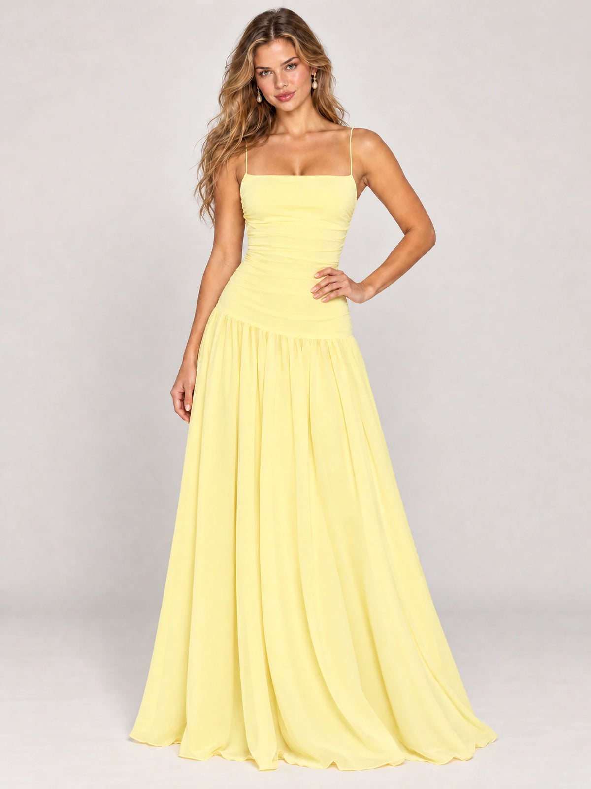 Butter Yellow Ruched Spaghetti Strap Drop-Waist Prom Dress