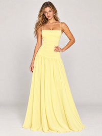 Butter Yellow Ruched Spaghetti Strap Drop-Waist Prom Dress