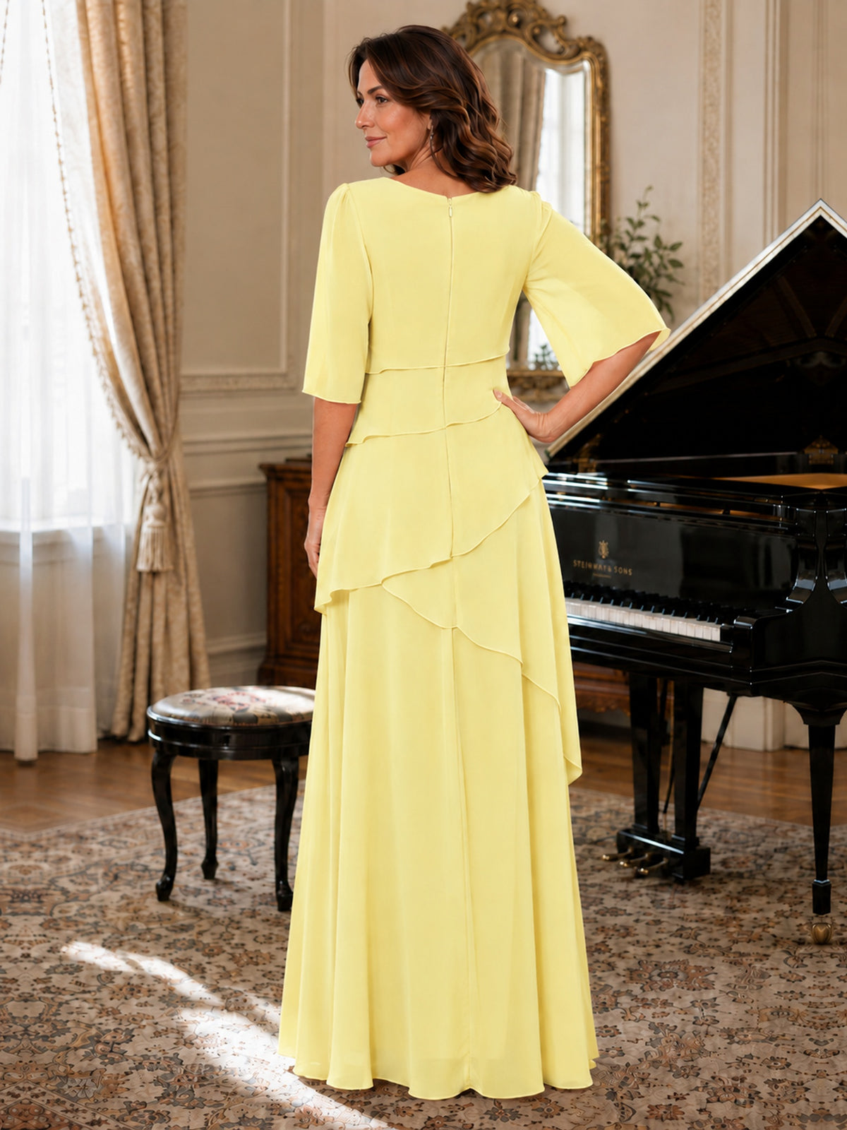 Asymmetric Draped Chiffon Mother of the Bride Dress with Flutter Sleeves