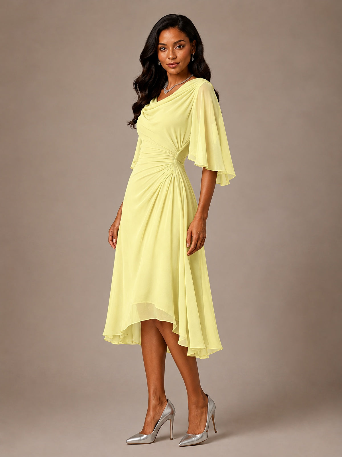 Cowl Neck Ruched Chiffon Mother of the Bride Dresses with Flutter Sleeves