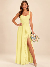 Spaghetti Straps Pleated Chiffon Bridesmaid Dress with Ruffle Slit