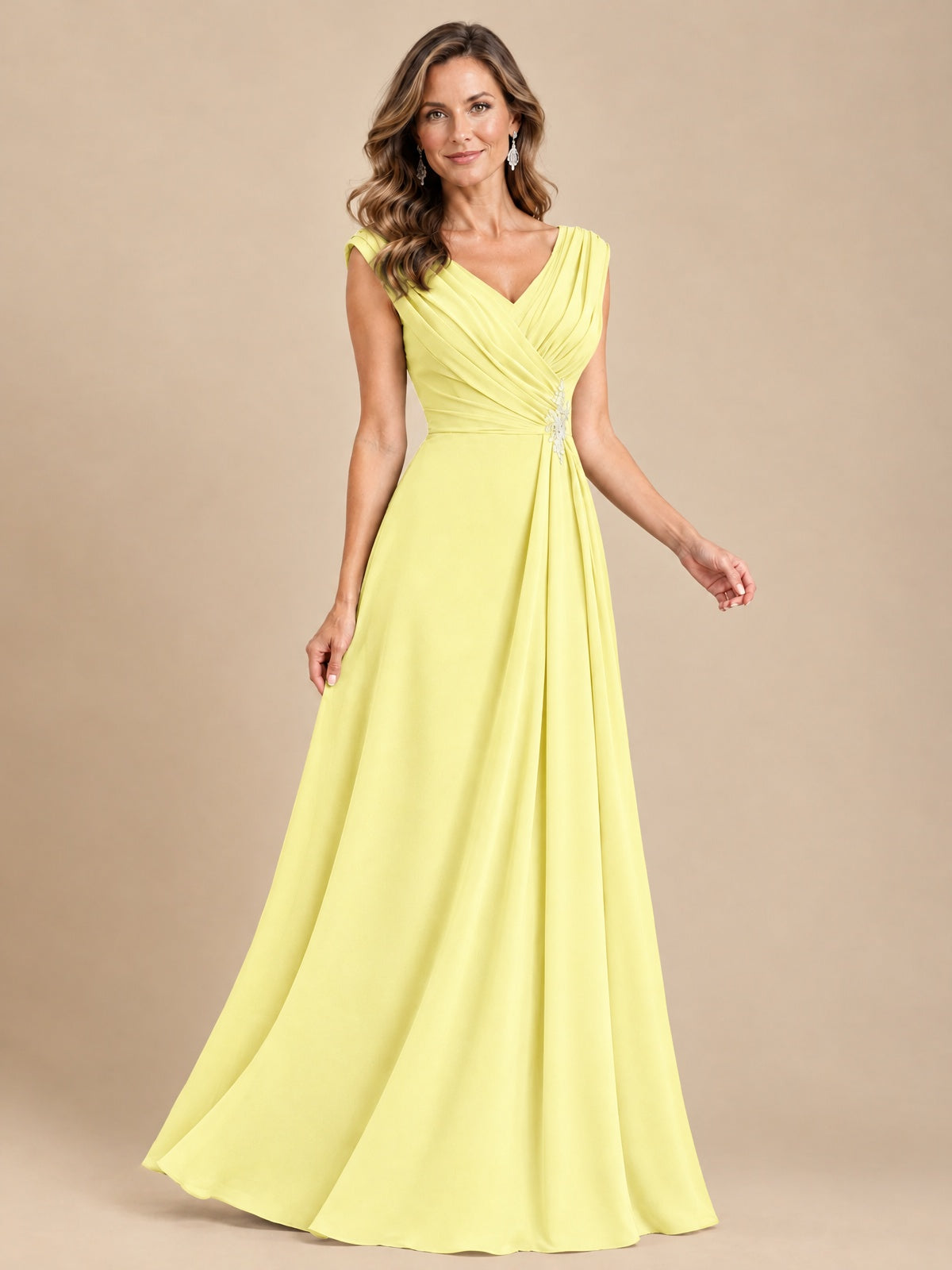 V Neck Pleated Mother of The Bride Dresses with Beading Cap Sleeves
