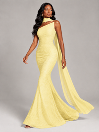 Pleated Chiffon Lace Prom Dresses Long Bodycon Mermaid with Scarf