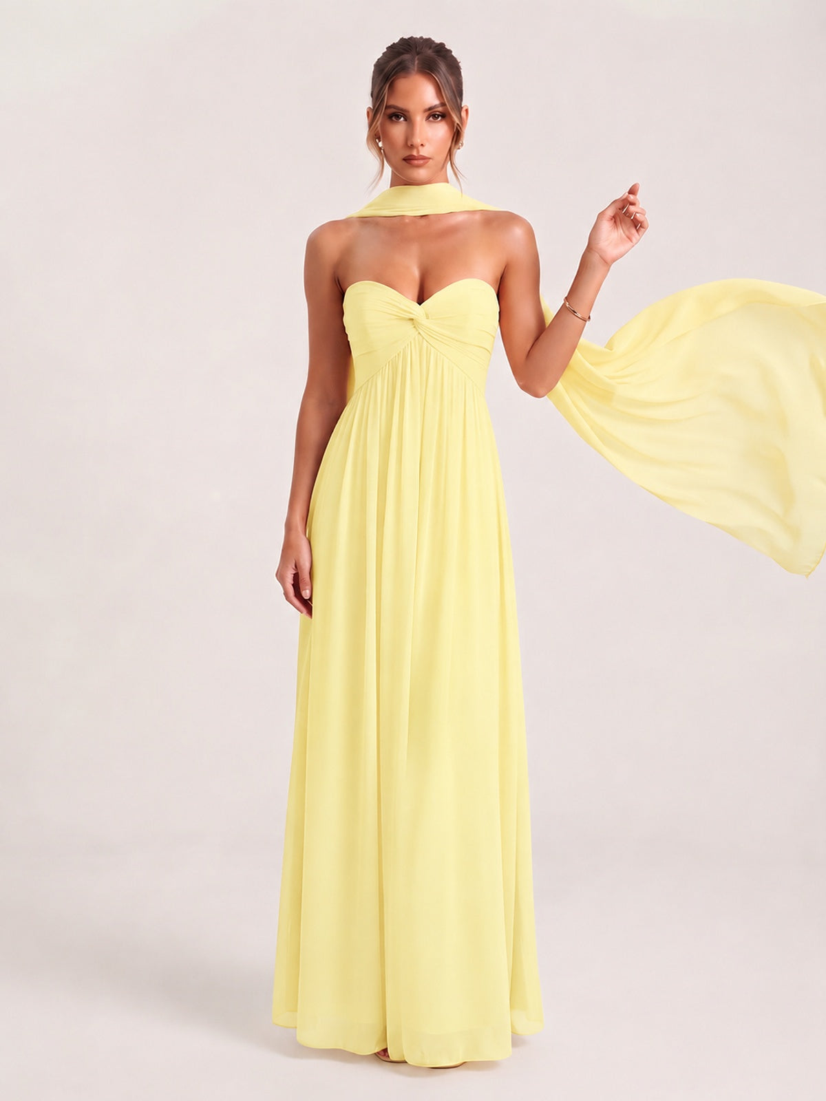 Strapless Ruched Chiffon Long Prom Dress with Scarf