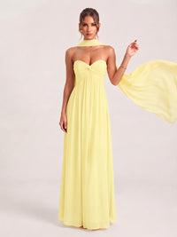 Strapless Ruched Chiffon Long Prom Dress with Scarf