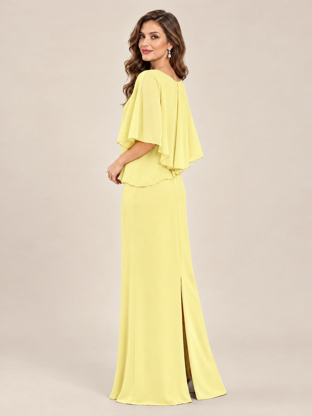 Cape Sleeve Mother of the Bride Dress with Asymmetrical Overlay