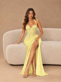 Sweetheart Halter Prom Dress Pleated Lace Floral Formal Dress with Slit