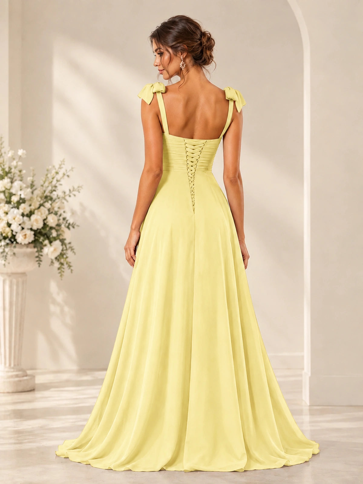 Ruffle Slit Chiffon A Line Scoop Neck Bridesmaid Dresses with Pockets