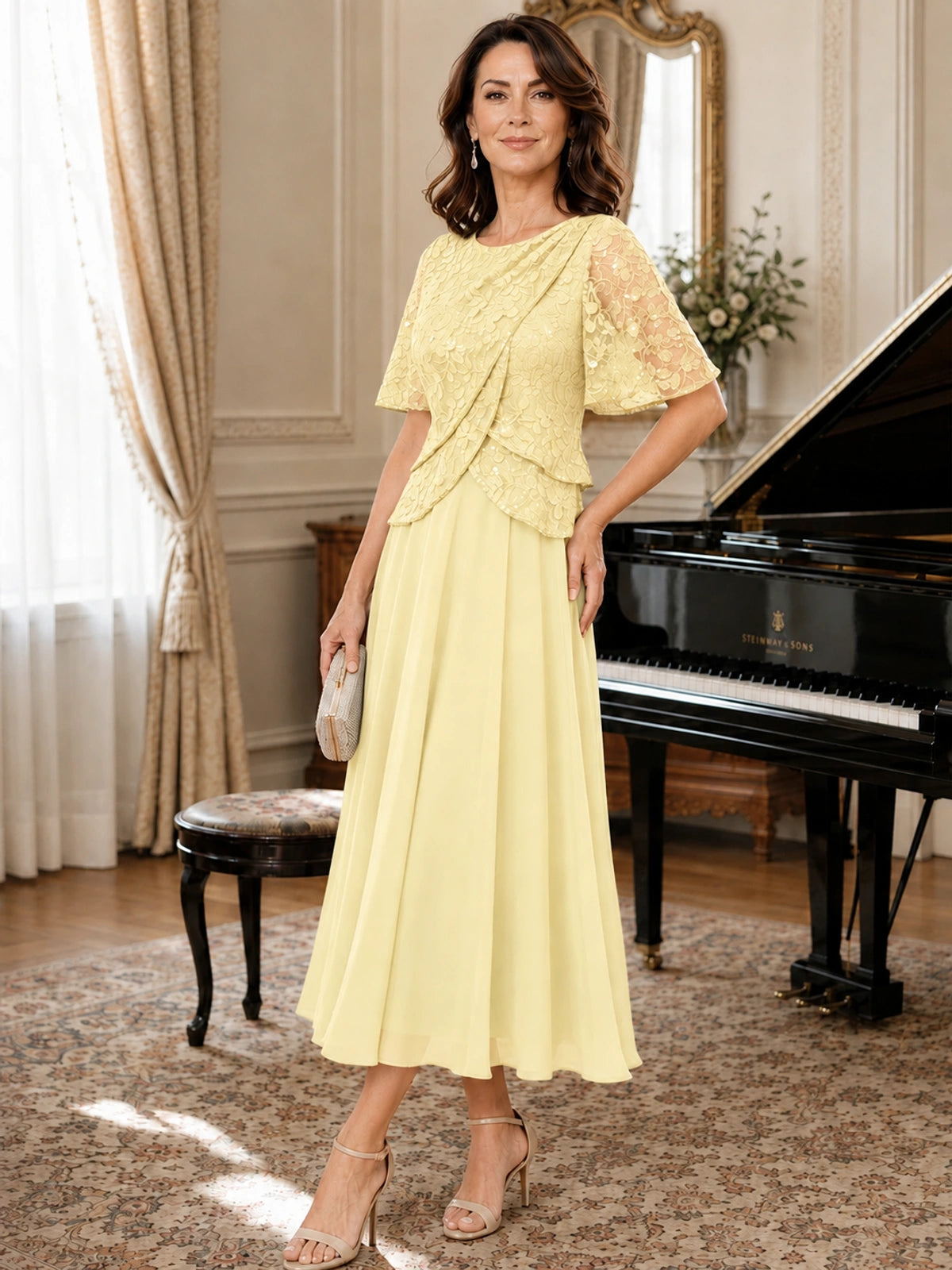 Tea-Length Chiffon Mother of the Bride Dress with Sequin Lace Sleeves