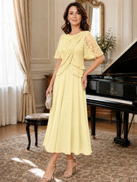 Tea-Length Chiffon Mother of the Bride Dress with Sequin Lace Sleeves