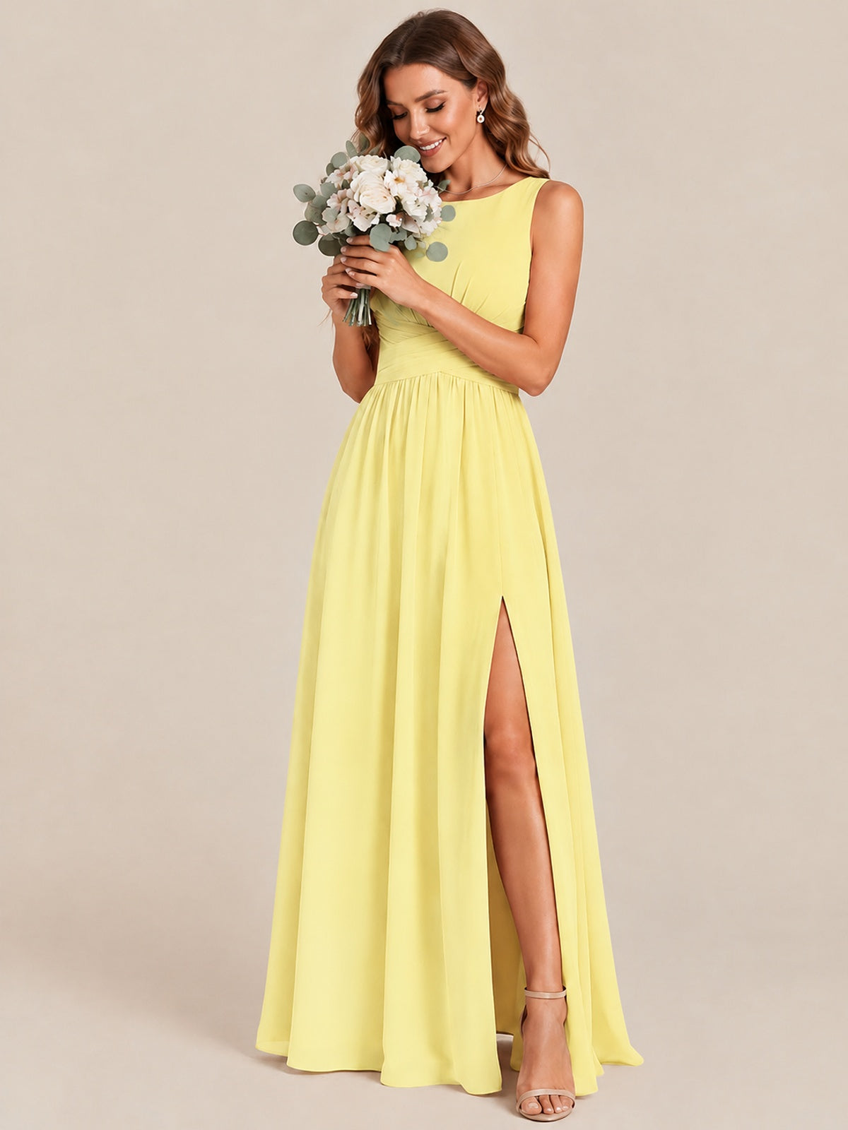 A-line Sleeveless Rucehd Chiffon Bridesmaid Dress with High Slit