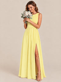 A-line Sleeveless Rucehd Chiffon Bridesmaid Dress with High Slit