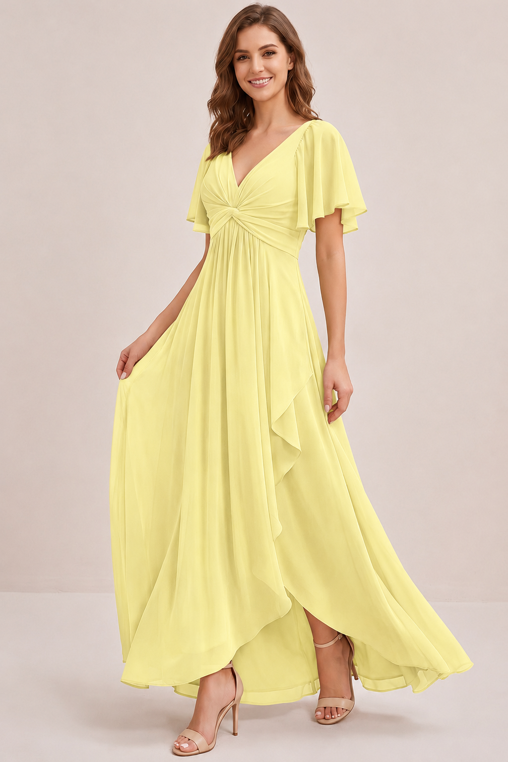 Dusty Blue Chiffon Bridesmaid Dress with Flutter Sleeves & High-Low Hem