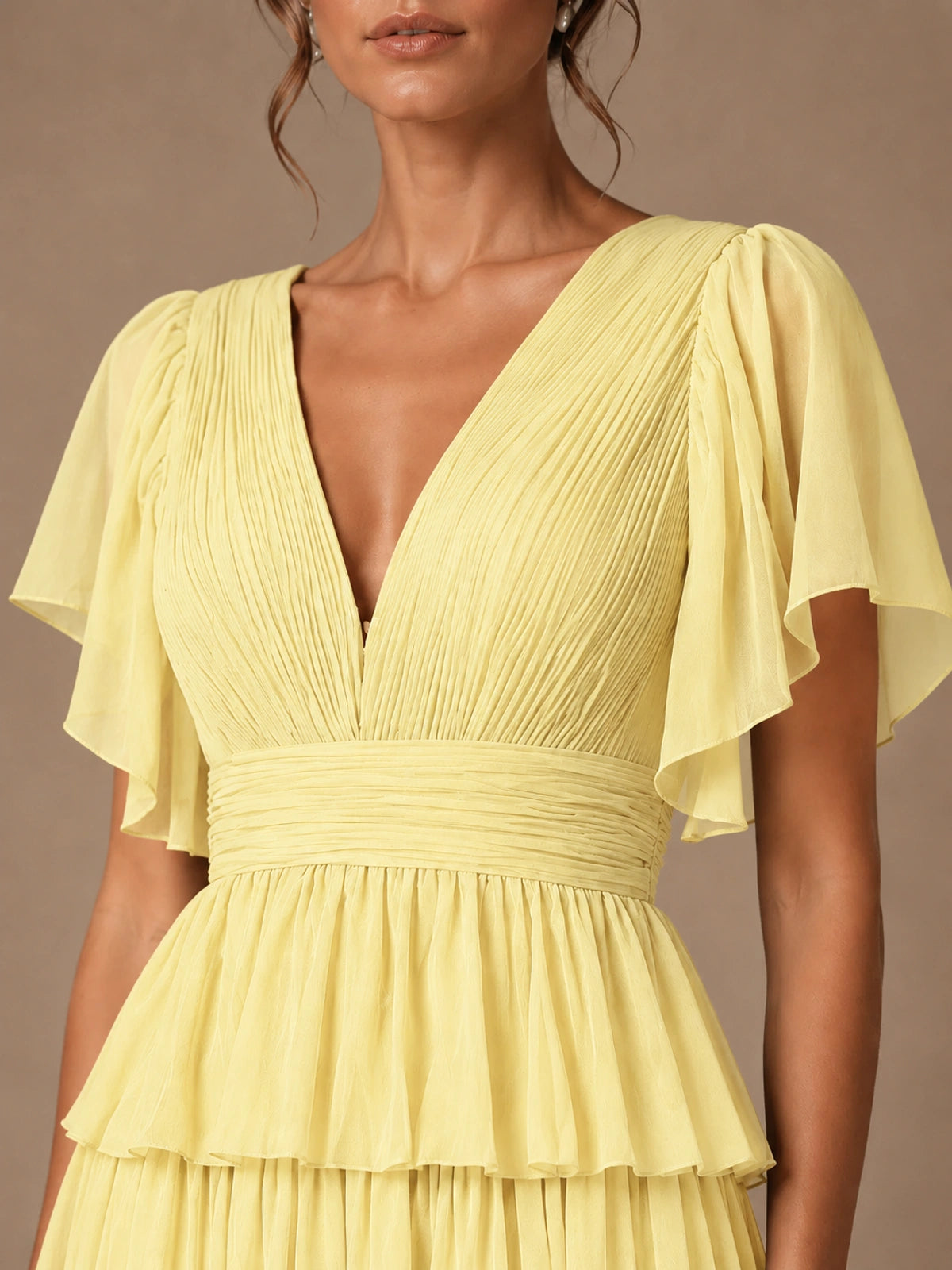 Chiffon V-Neck Tiered Ruffle Bridesmaid Dress with Slit