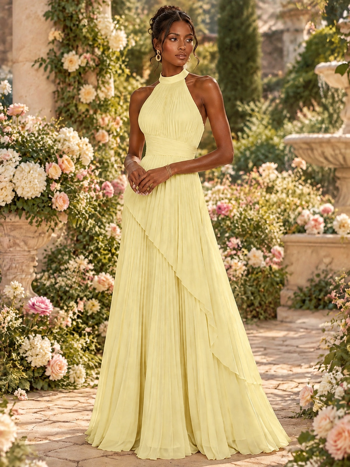 Wrap Pleated Prom Dress Halter A-line Chiffon Formal Wedding Dress