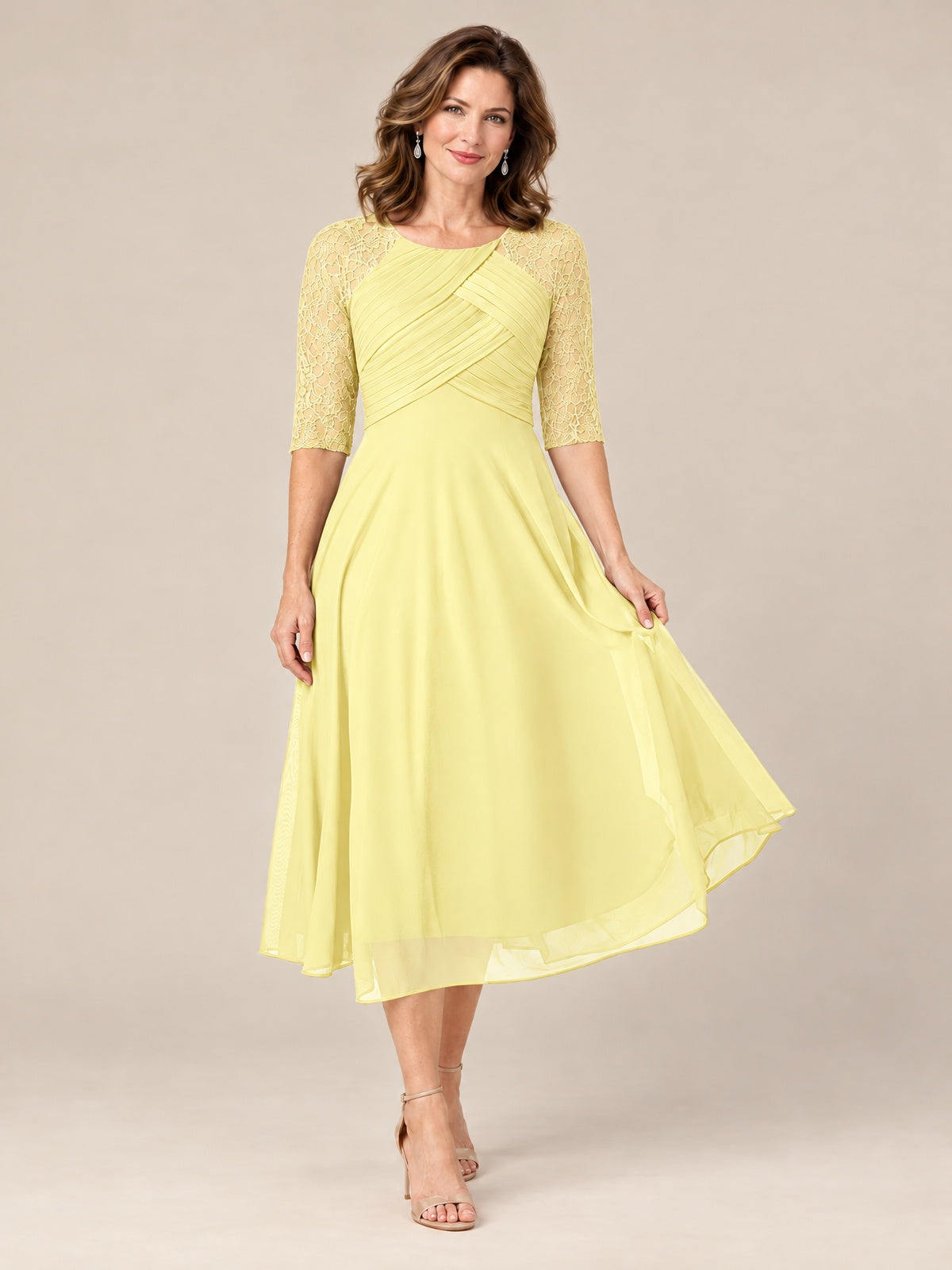 Tea-Length Mother of the Bride Dress with Lace 3/4 Sleeves