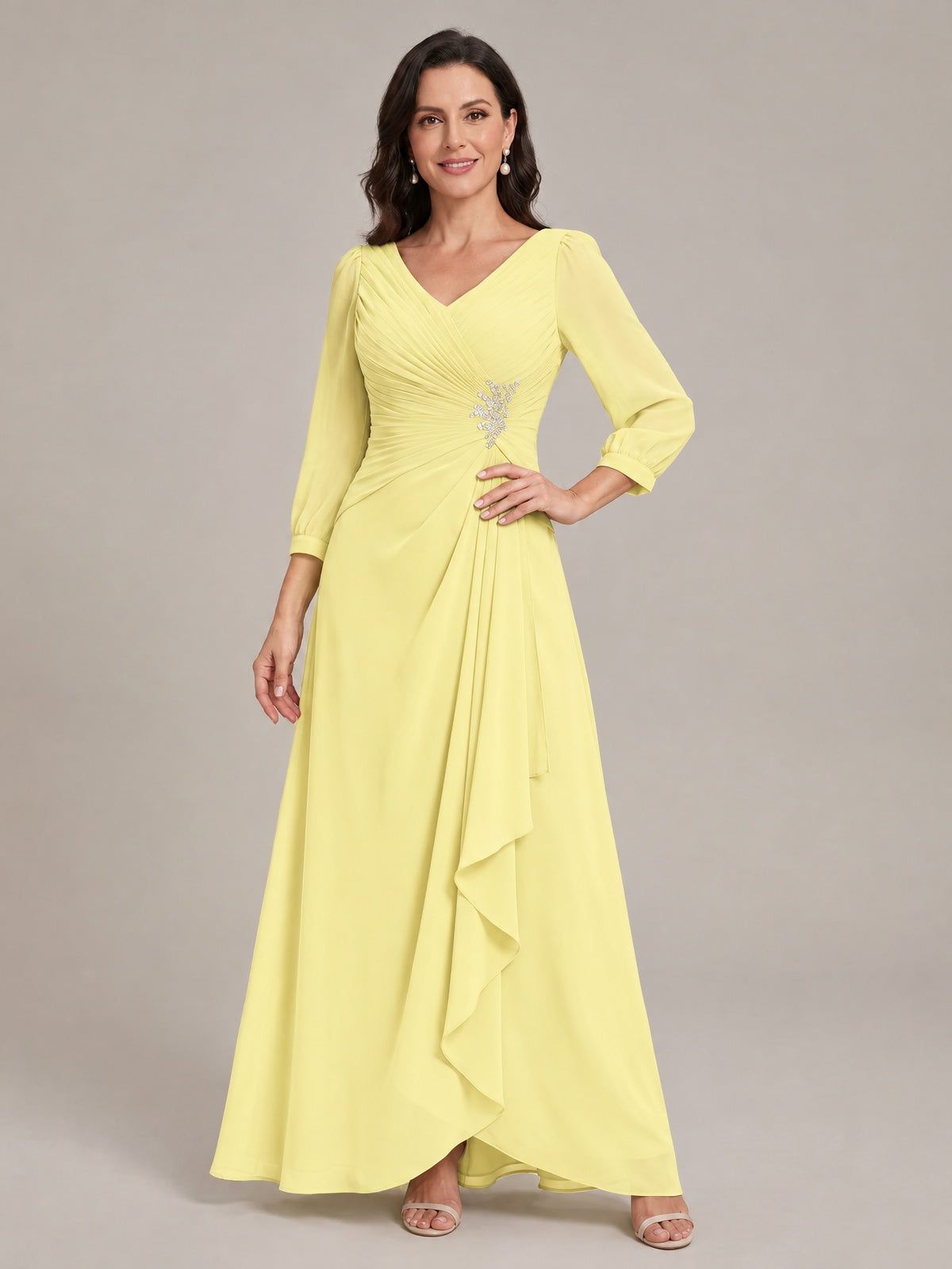V-Neck Pleated Chiffon Mother of the Bride Dress with Flutter Sleeves