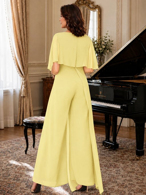 Chiffon Mother of the Bride Jumpsuit with Layered Cape Sleeves