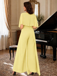 Chiffon Mother of the Bride Jumpsuit with Layered Cape Sleeves