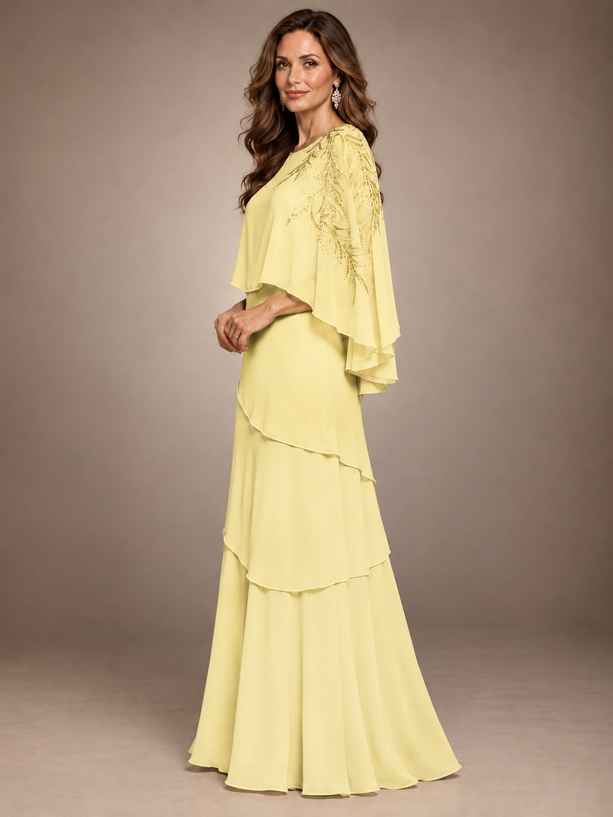 Elegant Chiffon Cape Sleeve Beaded Mother of the Bride Dress