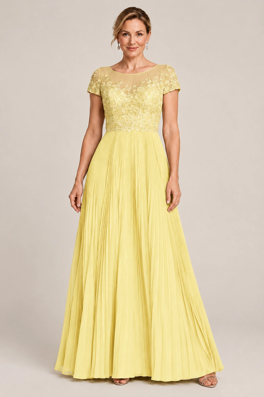 Embroidered Lace Pleated Mother of the Bride Dress