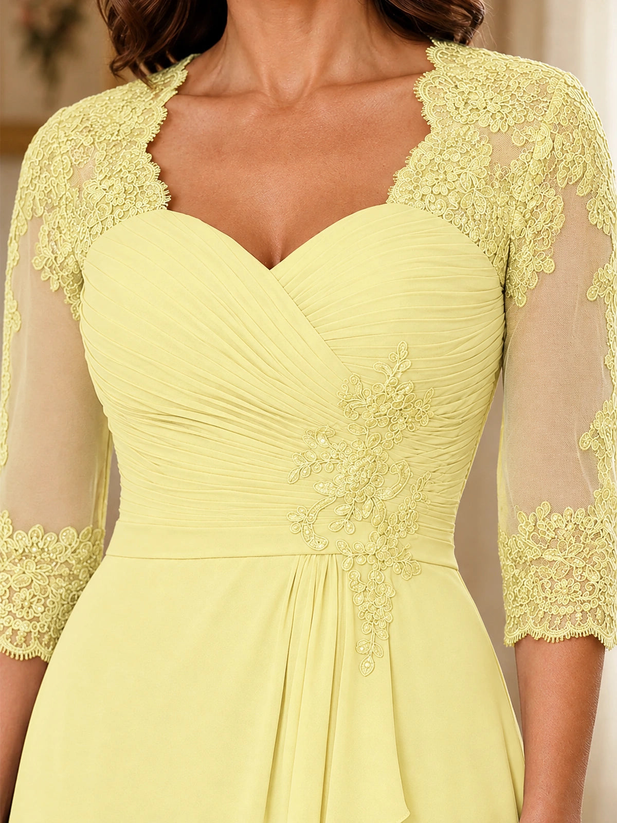 Chiffon Lace Applique Mother of the Bride Dress with 3/4 Sleeves
