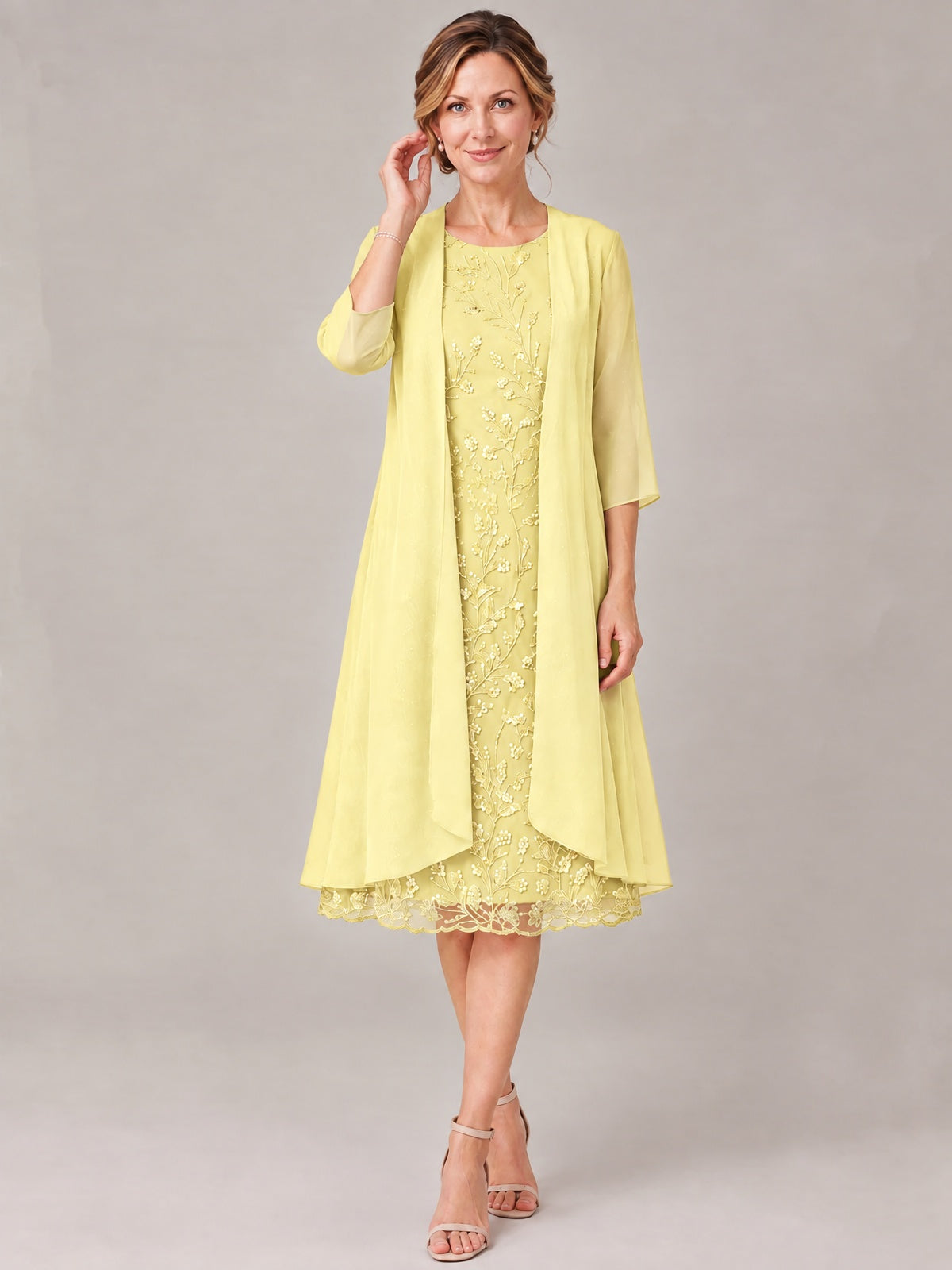 Tea Length Sequin Lace Mother of The Bride Dress with Chiffon Jacket