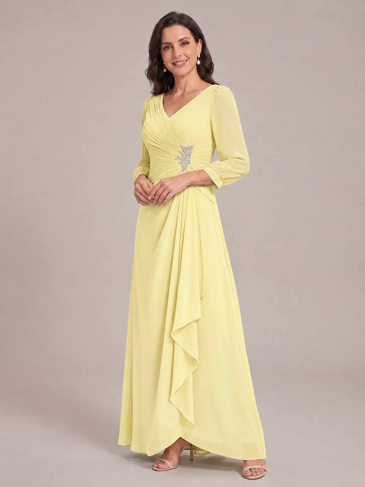 V-Neck Pleated Chiffon Mother of the Bride Dress with Flutter Sleeves