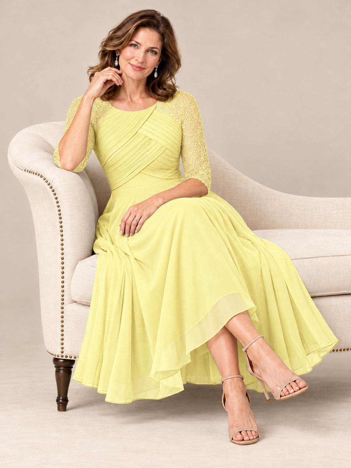 Tea-Length Mother of the Bride Dress with Lace 3/4 Sleeves