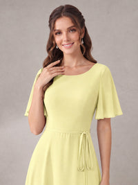 Scoop Neck A-line Chiffon Bridesmaid Dress with Flutter Sleeve & Belt