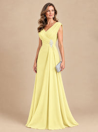 V Neck Pleated Mother of The Bride Dresses with Beading Cap Sleeves