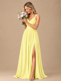 Pleated Chiffon V Neck Wedding Bridesmaid Dresses Floor Length with Slit