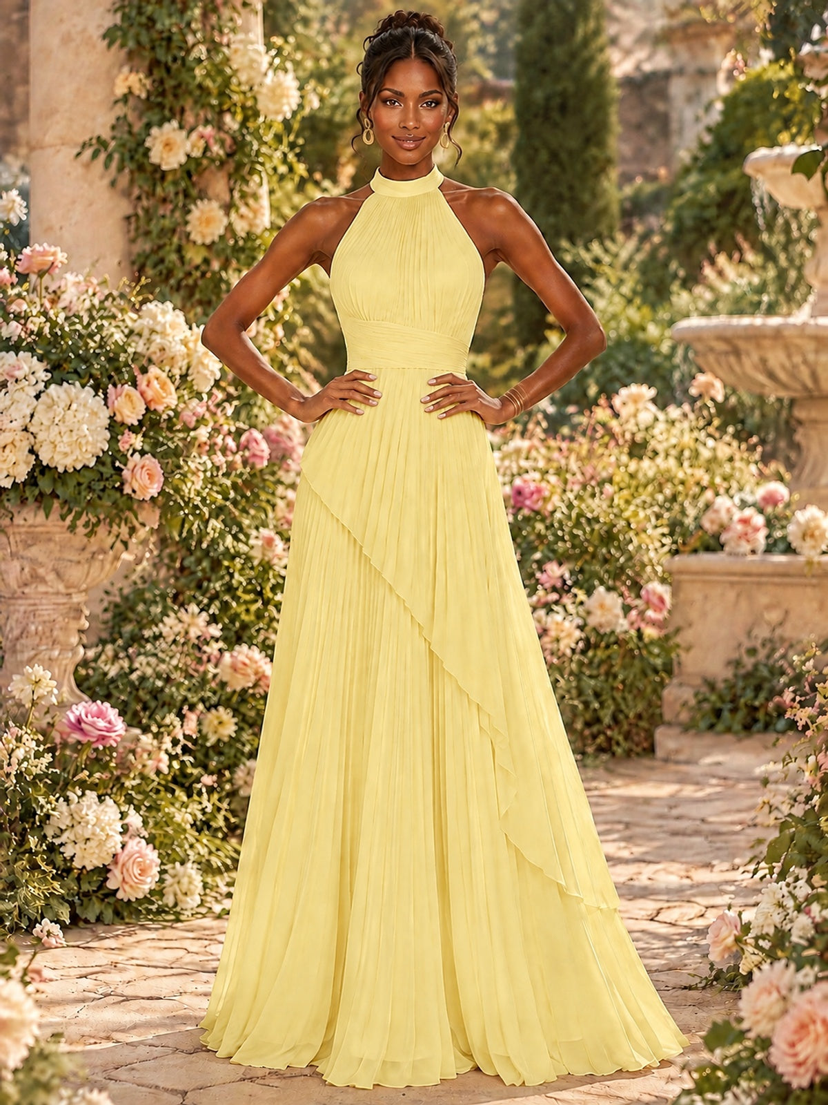 Wrap Pleated Prom Dress Halter A-line Chiffon Formal Wedding Dress