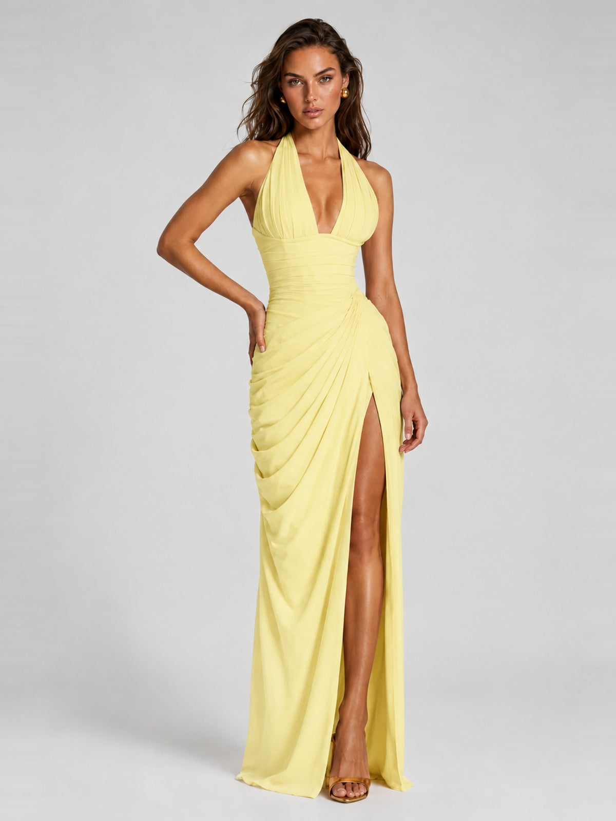 Ruched Halter Neck High-Slit Prom & Evening Dress