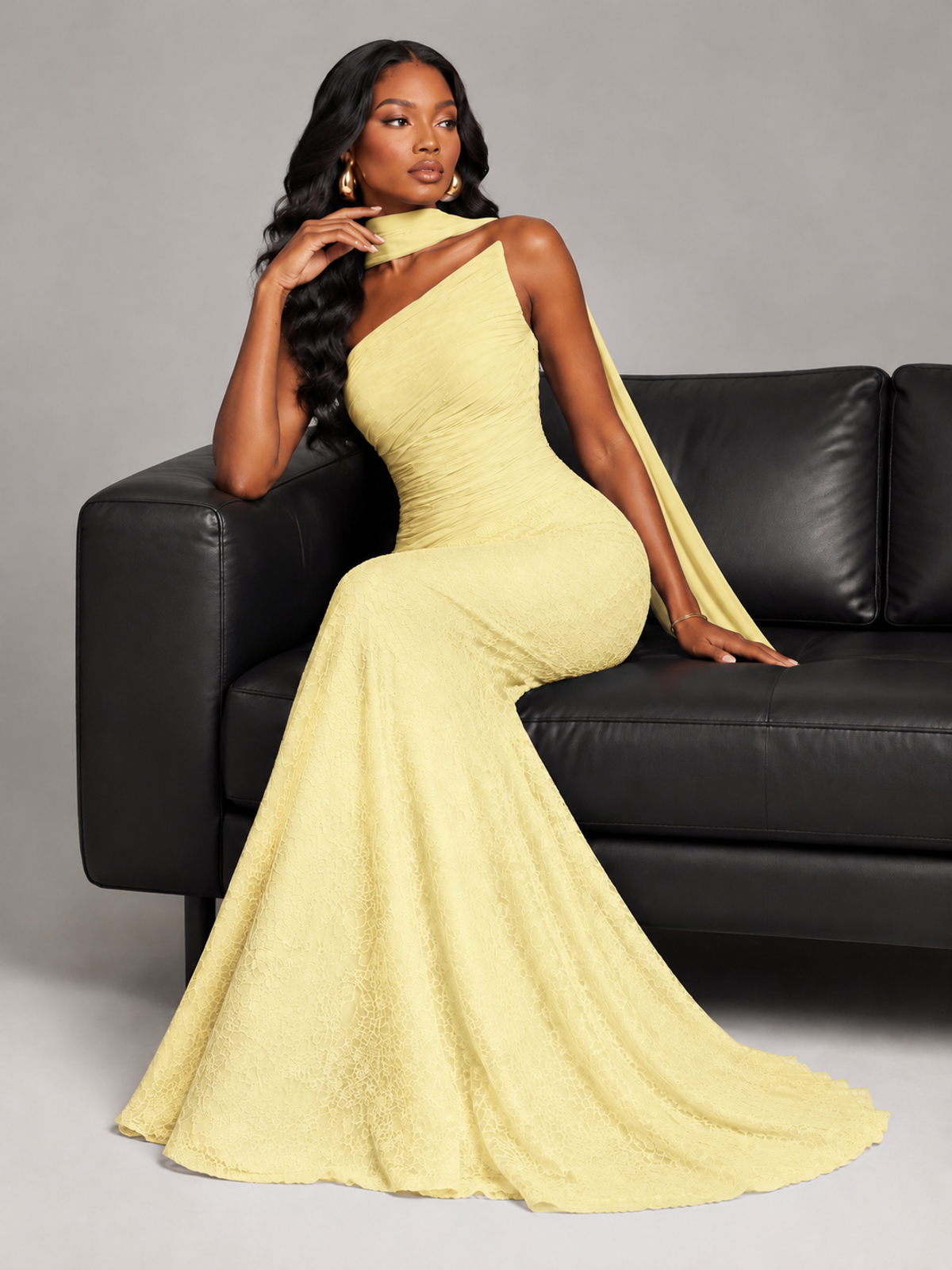 Pleated Chiffon Lace Prom Dresses Long Bodycon Mermaid with Scarf