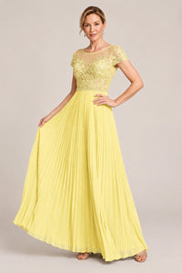Embroidered Lace Pleated Mother of the Bride Dress