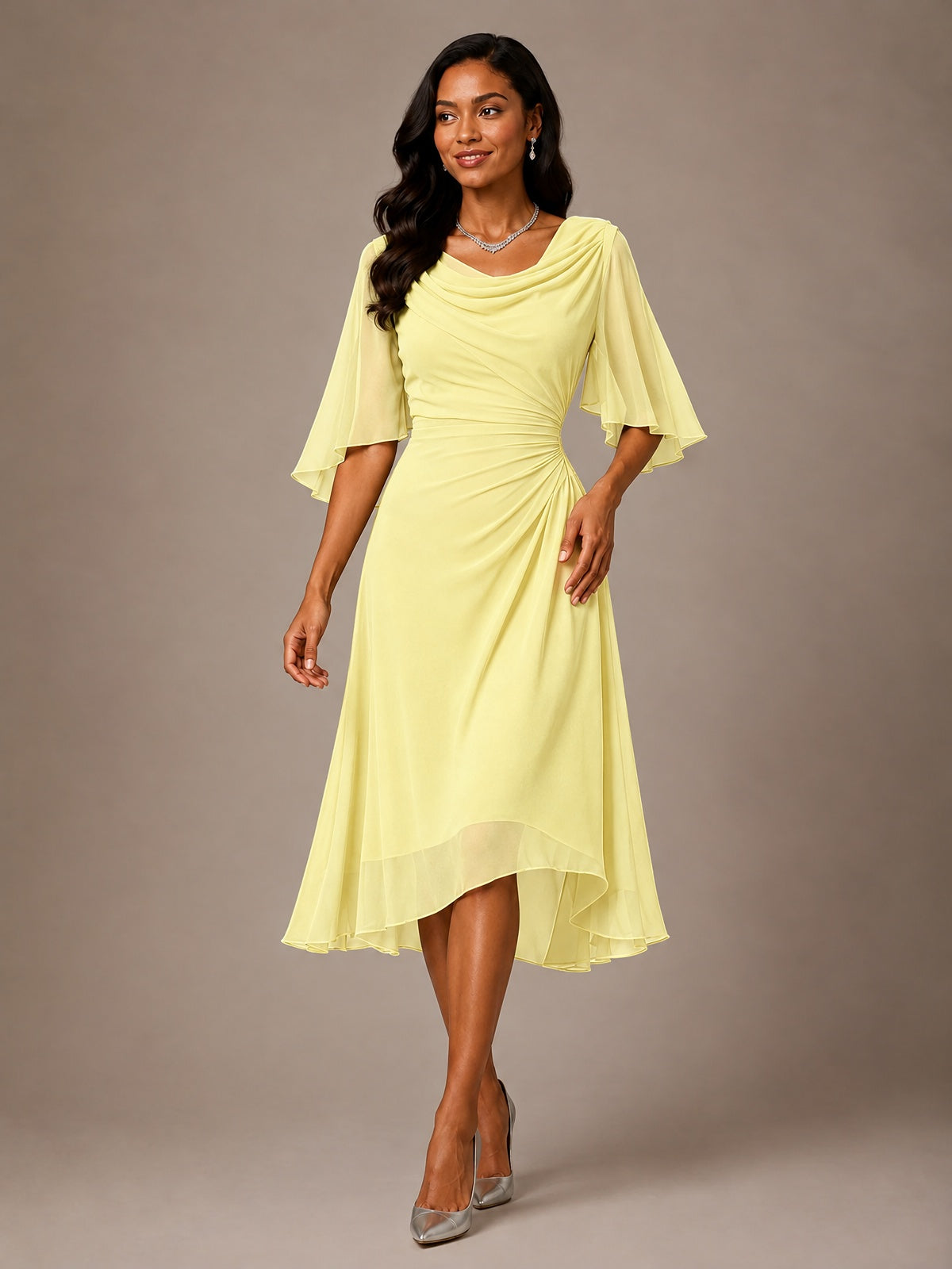 Cowl Neck Ruched Chiffon Mother of the Bride Dresses with Flutter Sleeves